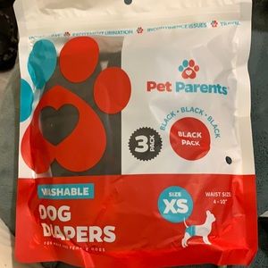 Washable xs size black diapers made by pet parents brand. fits waist size 4-10"